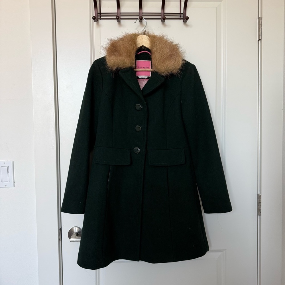 Kate Spade Deep Pine Gren Coat with Removable Faux Fur Collar